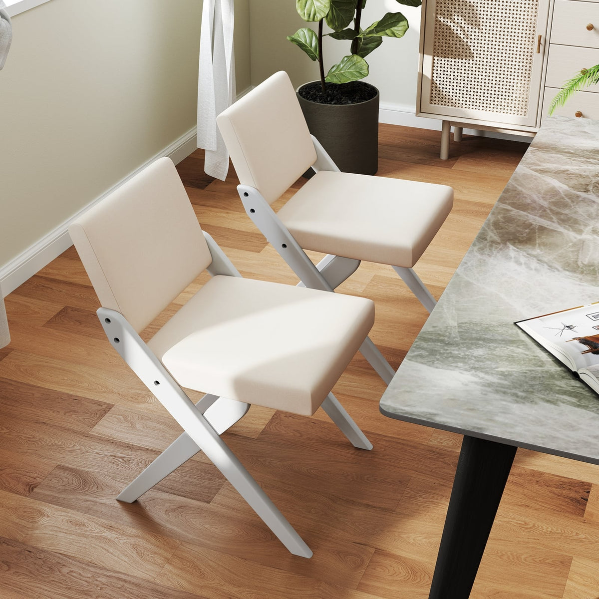 Wooden Dining Chairs of 2 with Rubber Wood Frame and Padded Cushions-White-Dining Chairs-DECOROLALA