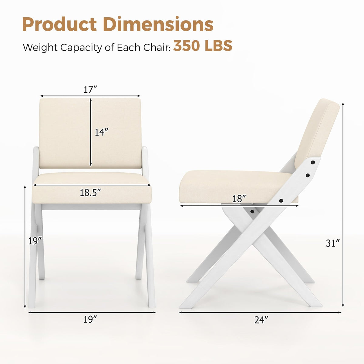 Wooden Dining Chairs of 2 with Rubber Wood Frame and Padded Cushions-White-Dining Chairs-DECOROLALA