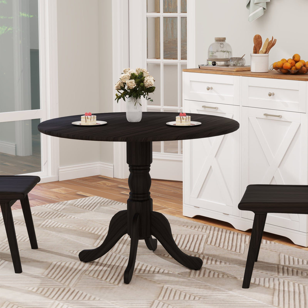 Wooden Dining Table with Round Tabletop and Curved Trestle Legs-Black ...