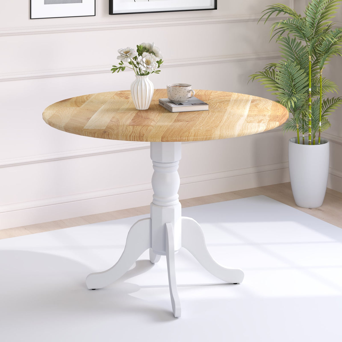 Wooden Dining Table with Round Tabletop and Curved Trestle Legs-Natural & White-Dining Tables-DECOROLALA