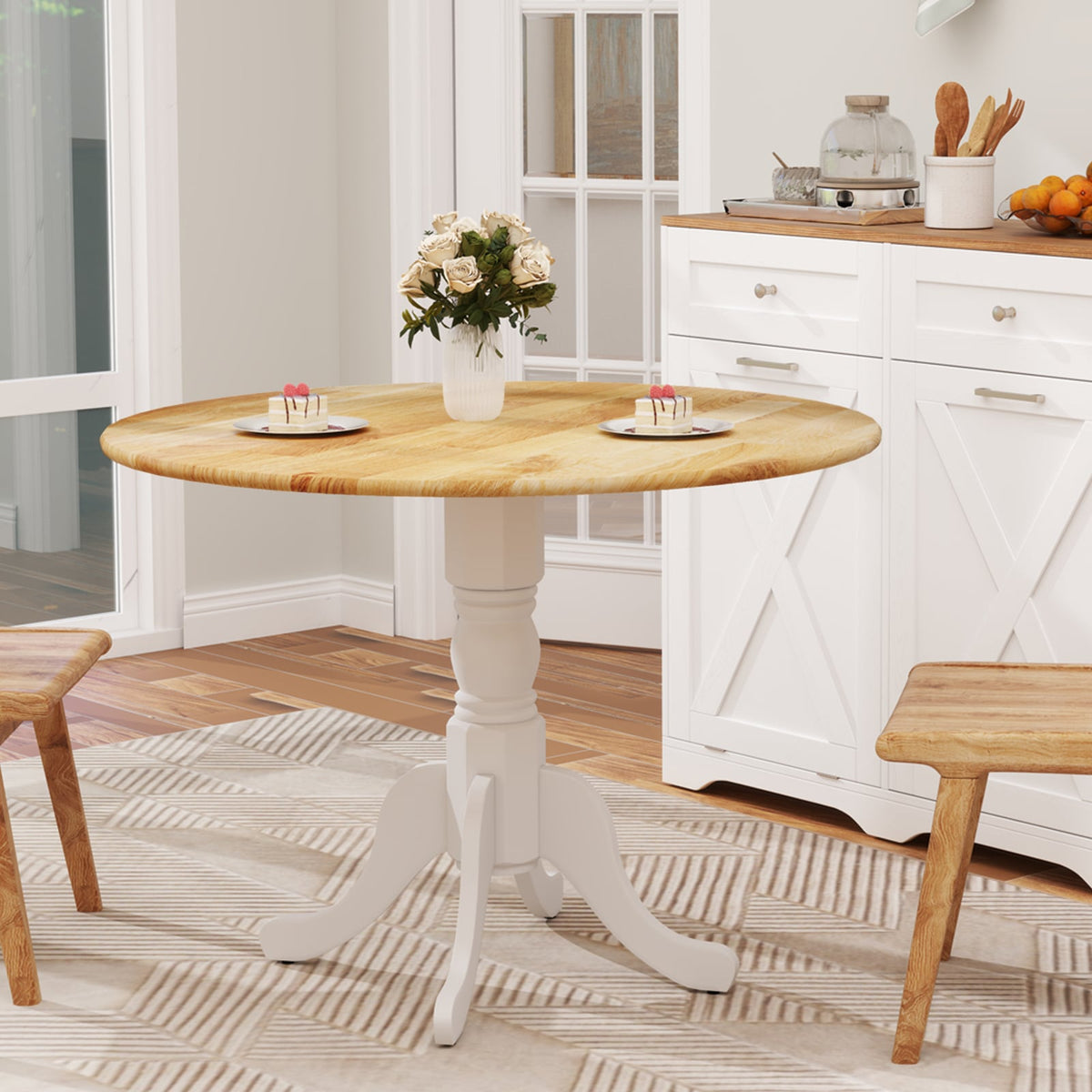 Wooden Dining Table with Round Tabletop and Curved Trestle Legs-Natural & White-Dining Tables-DECOROLALA