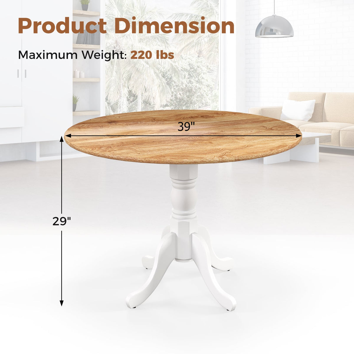 Wooden Dining Table with Round Tabletop and Curved Trestle Legs-Natural & White-Dining Tables-DECOROLALA