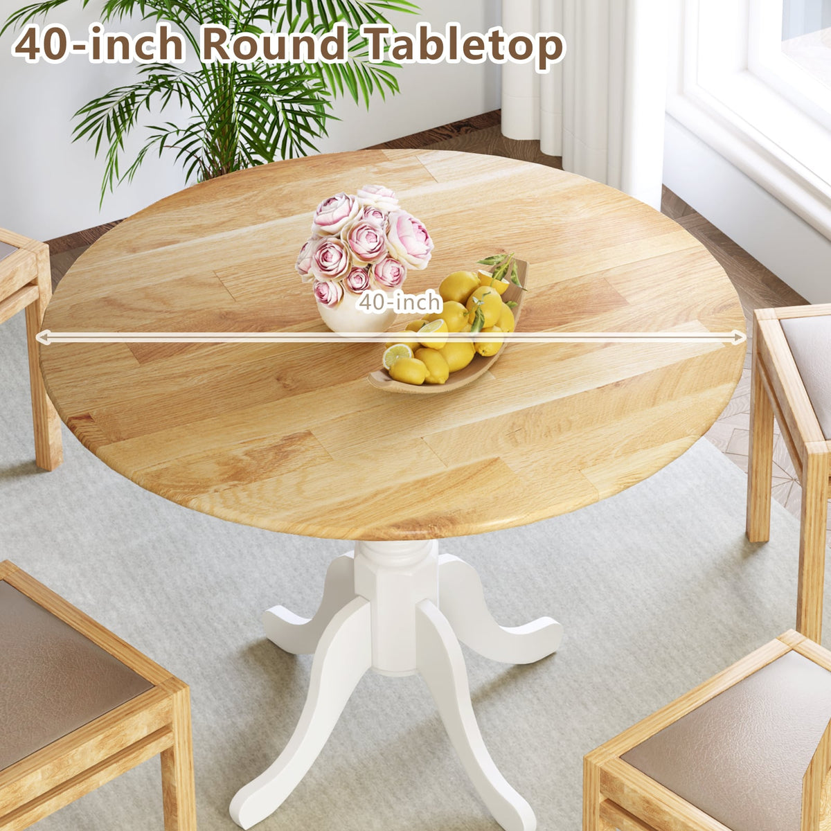 Wooden Dining Table with Round Tabletop and Curved Trestle Legs-Natural & White-Dining Tables-DECOROLALA