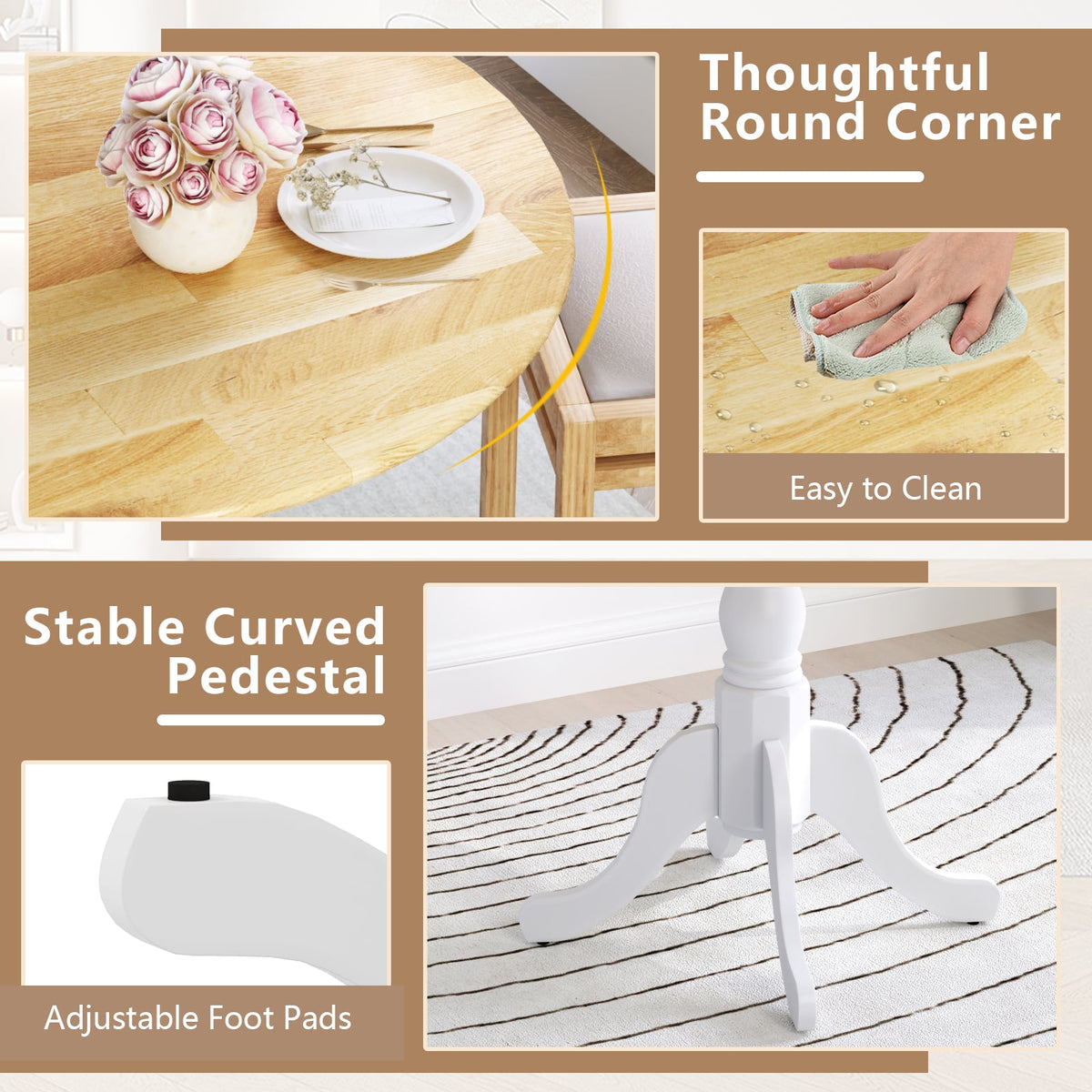 Wooden Dining Table with Round Tabletop and Curved Trestle Legs-Natural & White-Dining Tables-DECOROLALA