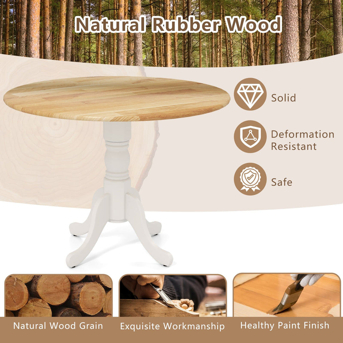 Wooden Dining Table with Round Tabletop and Curved Trestle Legs-Natural & White-Dining Tables-DECOROLALA
