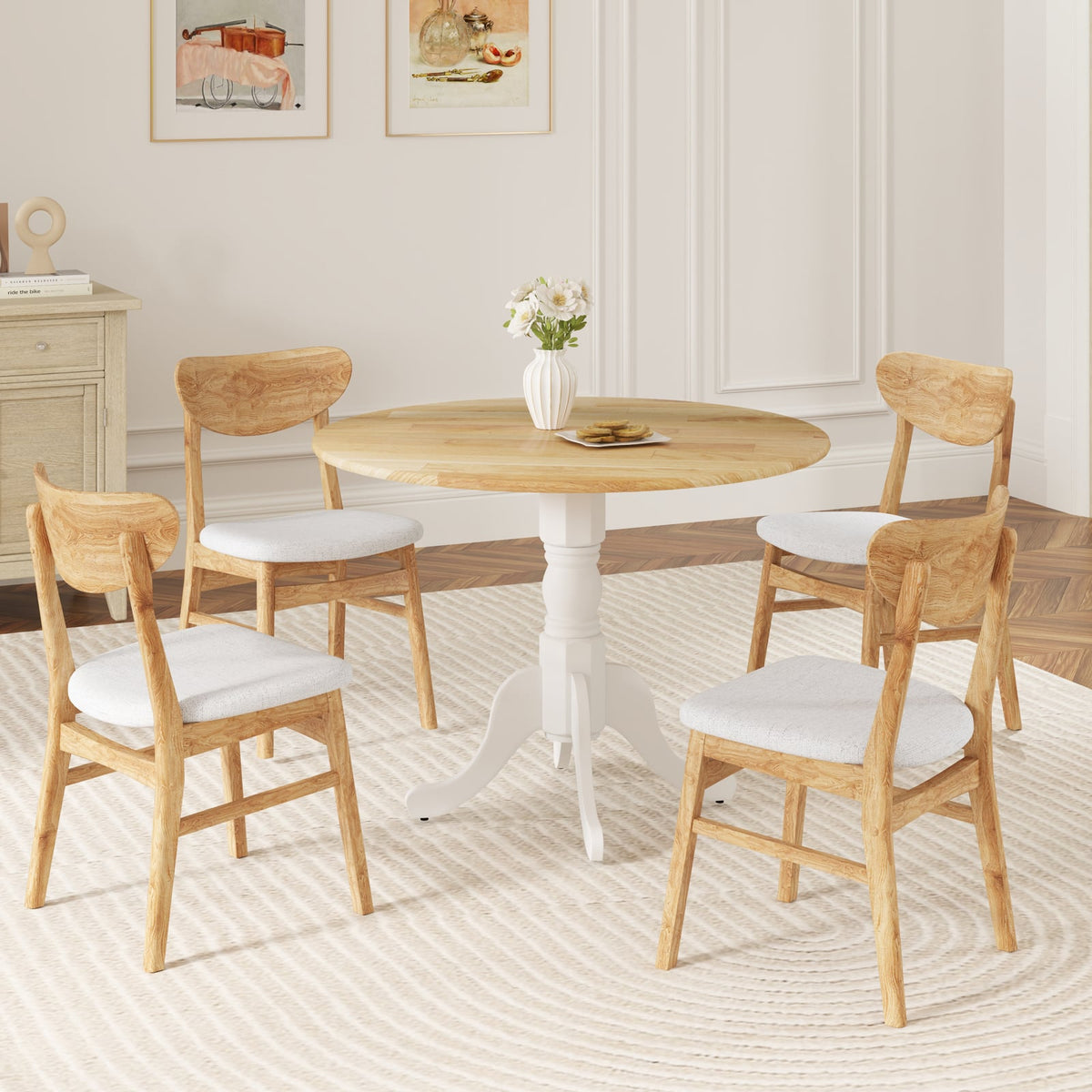 Wooden Dining Table with Round Tabletop and Curved Trestle Legs-Natural & White-Dining Tables-DECOROLALA
