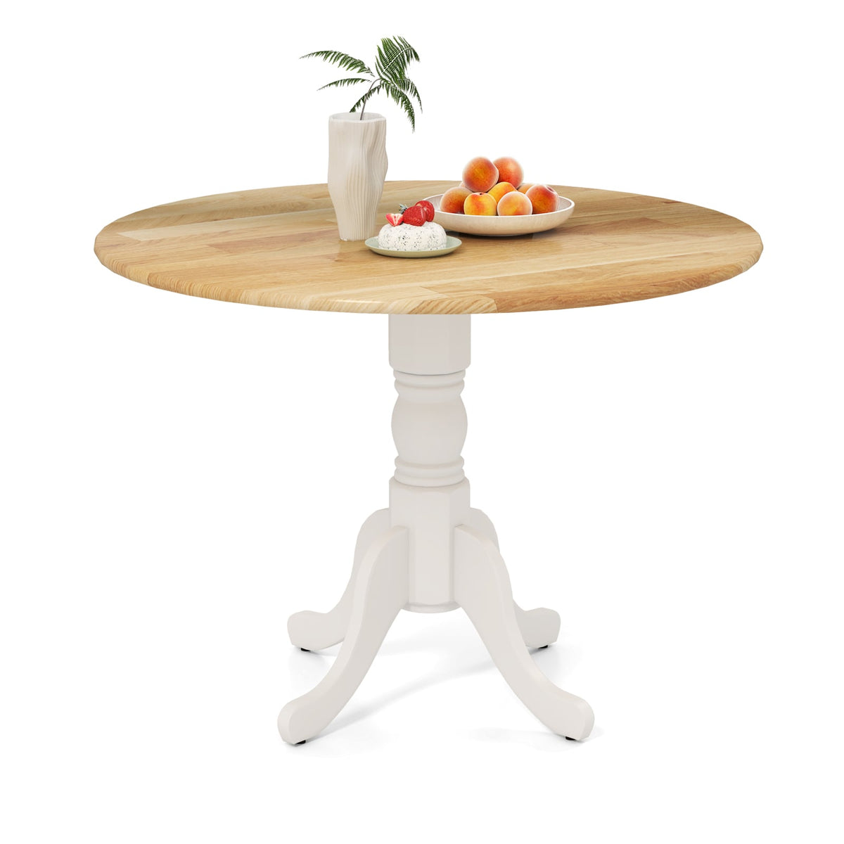 Wooden Dining Table with Round Tabletop and Curved Trestle Legs-Natural & White-Dining Tables-DECOROLALA