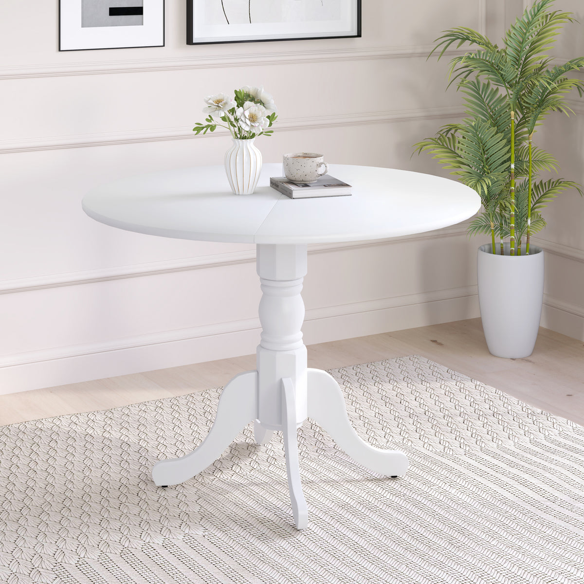 Wooden Dining Table with Round Tabletop and Curved Trestle Legs-White-Dining Tables-DECOROLALA
