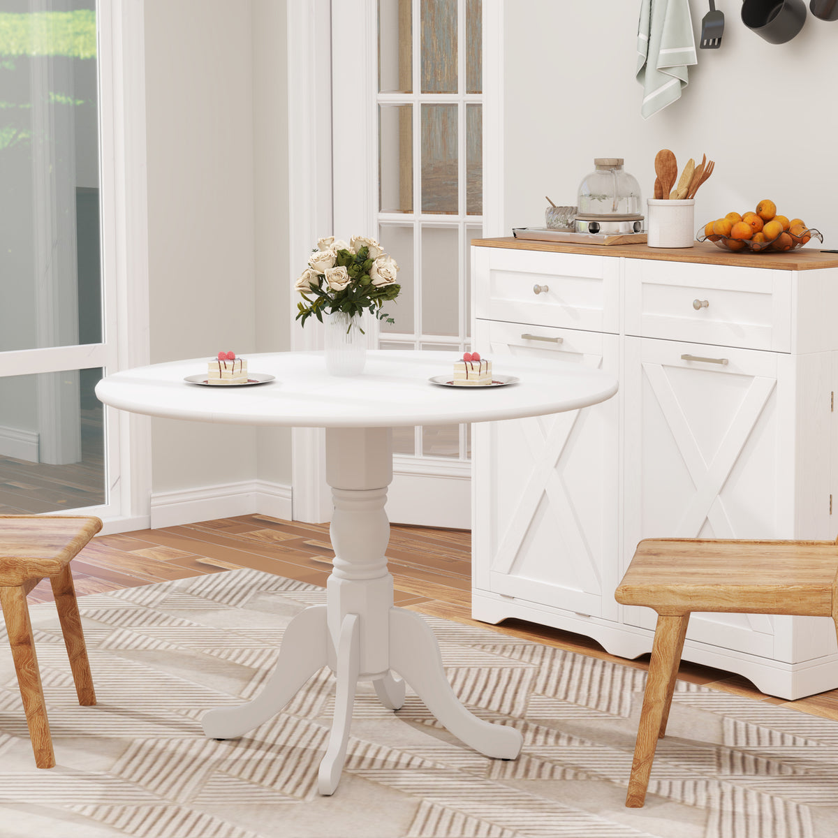 Wooden Dining Table with Round Tabletop and Curved Trestle Legs-White-Dining Tables-DECOROLALA