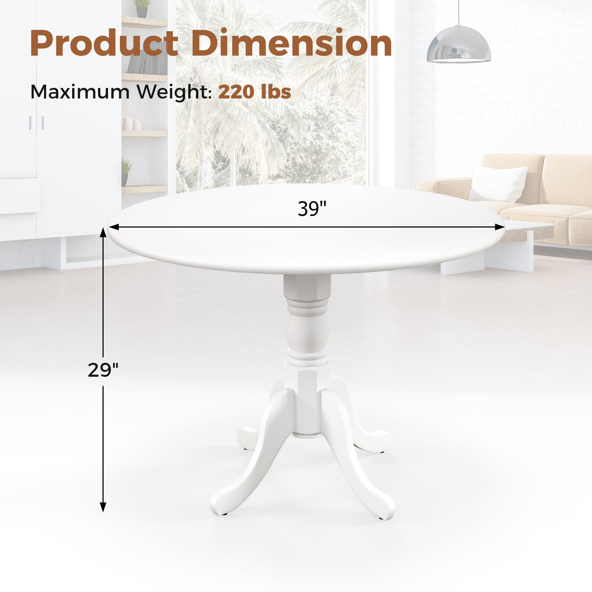 Wooden Dining Table with Round Tabletop and Curved Trestle Legs-White-Dining Tables-DECOROLALA