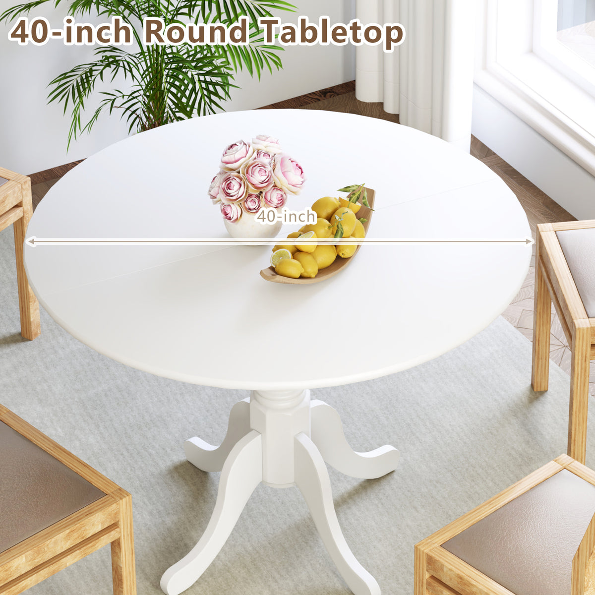 Wooden Dining Table with Round Tabletop and Curved Trestle Legs-White-Dining Tables-DECOROLALA