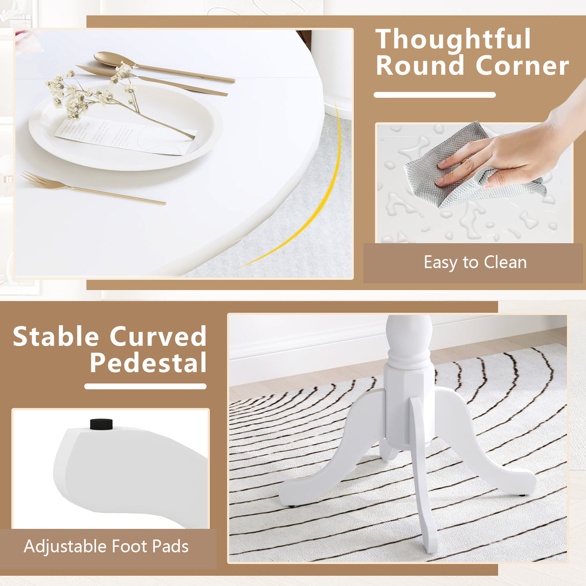 Wooden Dining Table with Round Tabletop and Curved Trestle Legs-White-Dining Tables-DECOROLALA