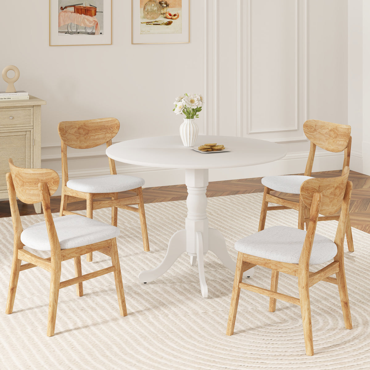 Wooden Dining Table with Round Tabletop and Curved Trestle Legs-White-Dining Tables-DECOROLALA