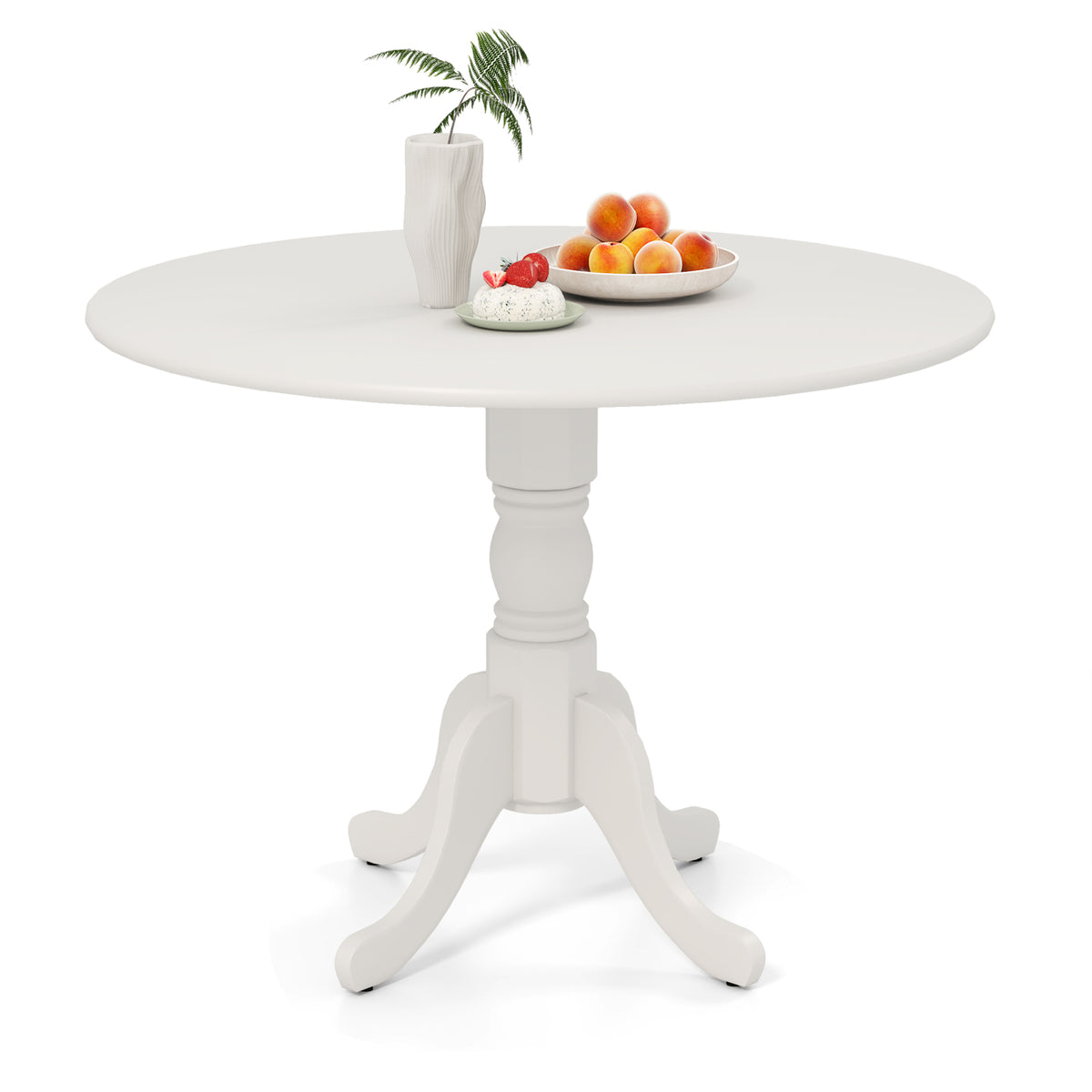 Wooden Dining Table with Round Tabletop and Curved Trestle Legs-White-Dining Tables-DECOROLALA