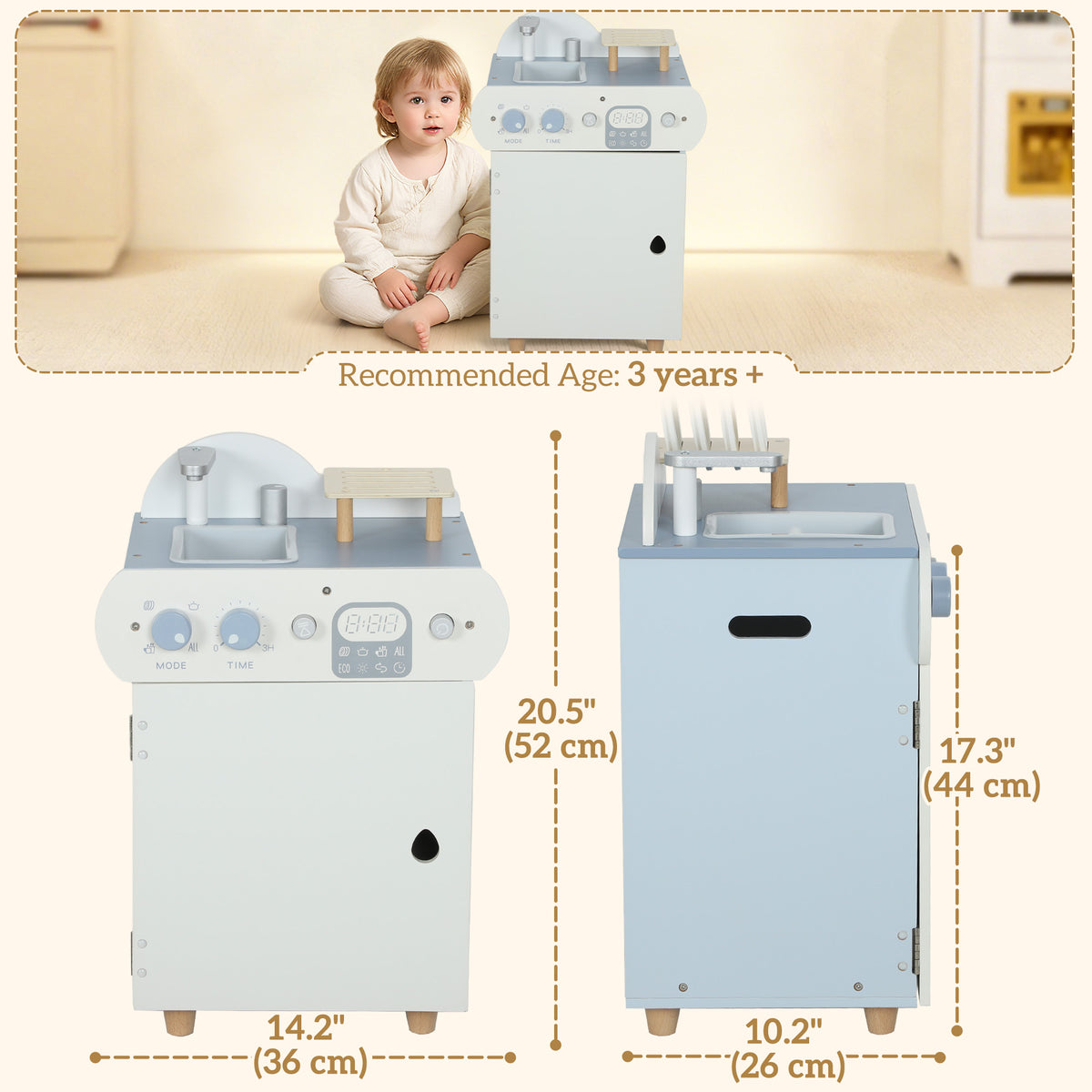 Wooden Dishwasher Playset, Play Sink Toys with Faucet, Turning Knobs and Accessories, Gift for Boys Girls Toddlers-Toys & Games > Baby & Toddler Toys > Toy Playsets > Play Kitchen-DECOROLALA