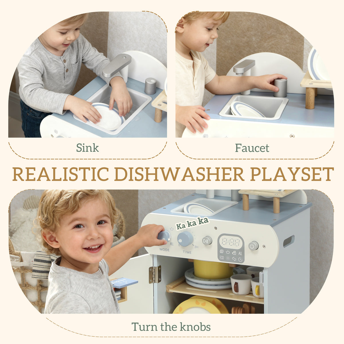 Wooden Dishwasher Playset, Play Sink Toys with Faucet, Turning Knobs and Accessories, Gift for Boys Girls Toddlers-Toys & Games > Baby & Toddler Toys > Toy Playsets > Play Kitchen-DECOROLALA
