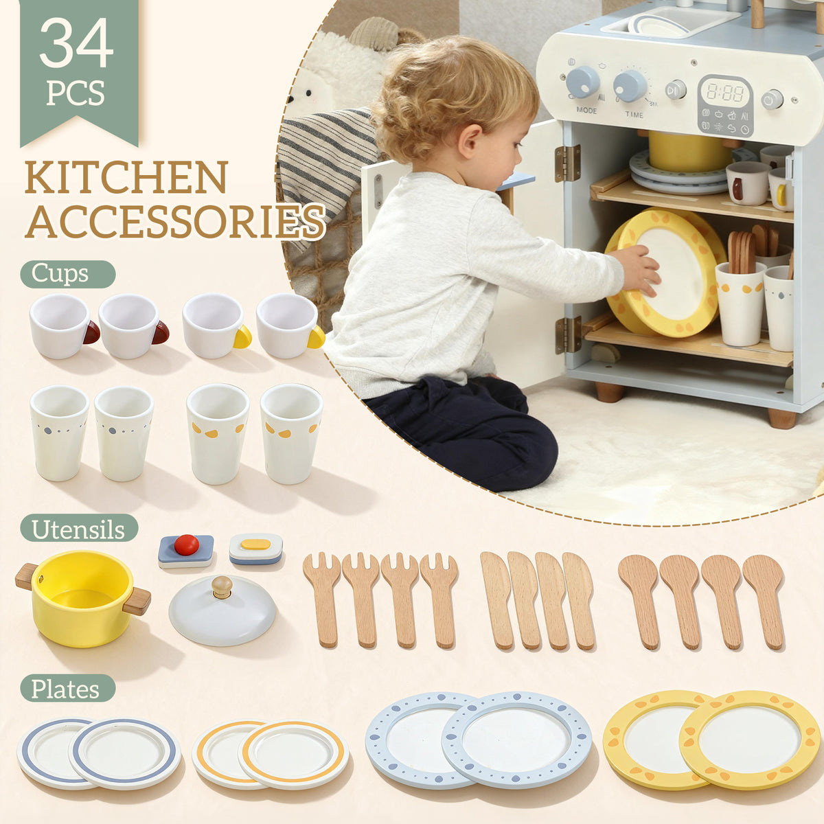 Wooden Dishwasher Playset, Play Sink Toys with Faucet, Turning Knobs and Accessories, Gift for Boys Girls Toddlers-Toys & Games > Baby & Toddler Toys > Toy Playsets > Play Kitchen-DECOROLALA