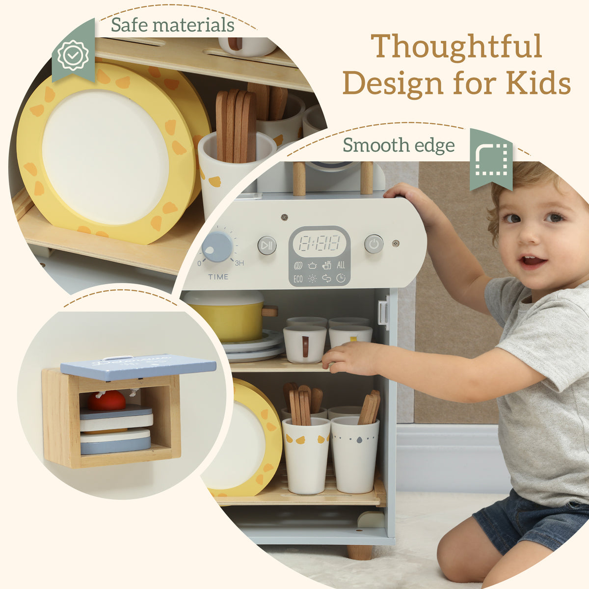 Wooden Dishwasher Playset, Play Sink Toys with Faucet, Turning Knobs and Accessories, Gift for Boys Girls Toddlers-Toys & Games > Baby & Toddler Toys > Toy Playsets > Play Kitchen-DECOROLALA