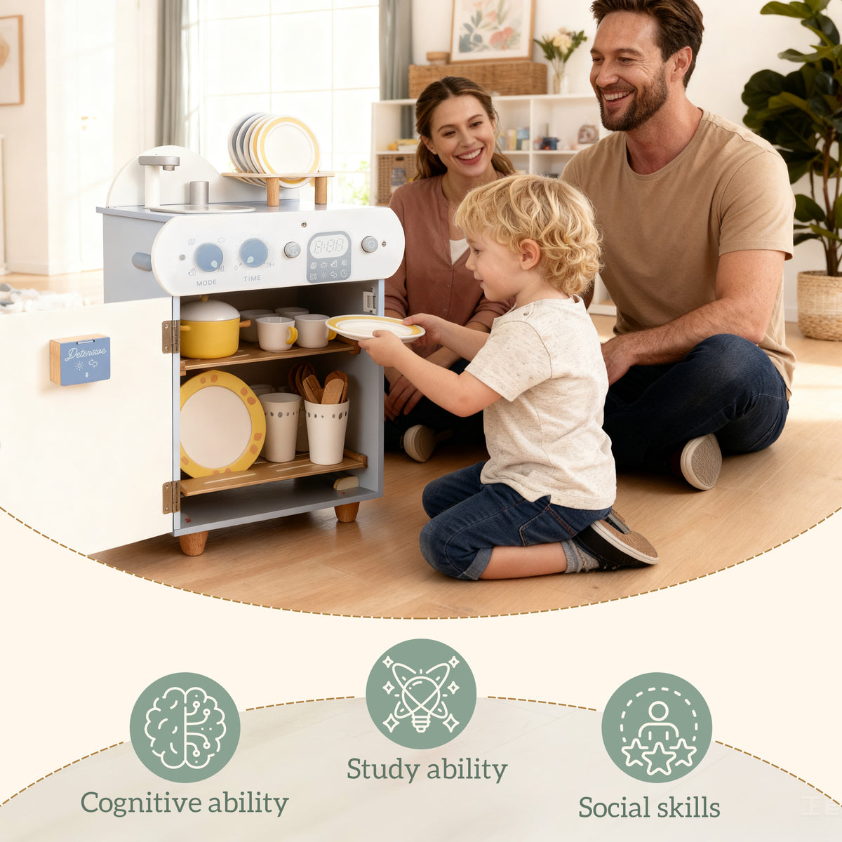 Wooden Dishwasher Playset, Play Sink Toys with Faucet, Turning Knobs and Accessories, Gift for Boys Girls Toddlers-Toys & Games > Baby & Toddler Toys > Toy Playsets > Play Kitchen-DECOROLALA