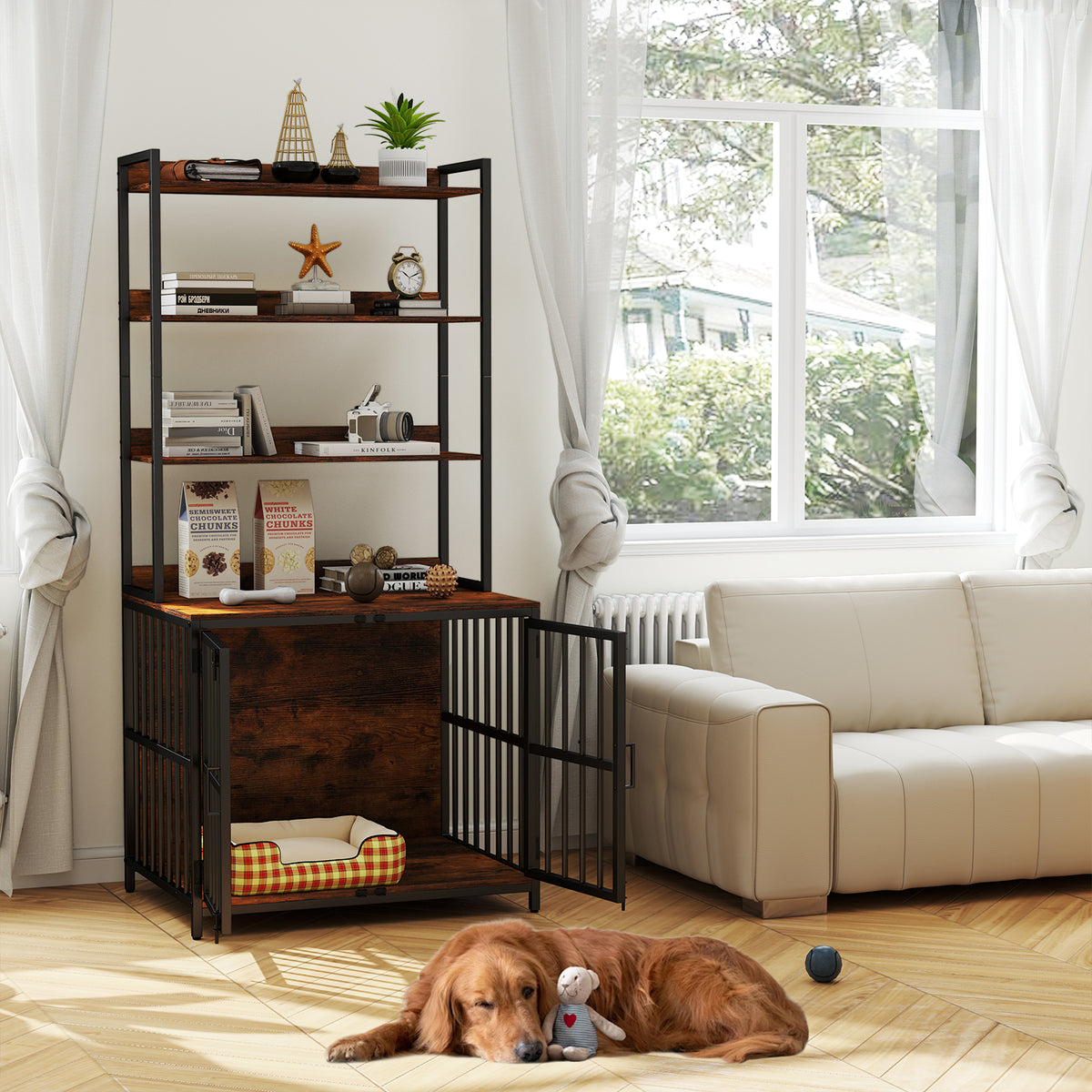 Wooden Dog Crate Furniture with Storage Shelves and Double Doors-Rustic Brown-Dog Kennels-DECOROLALA
