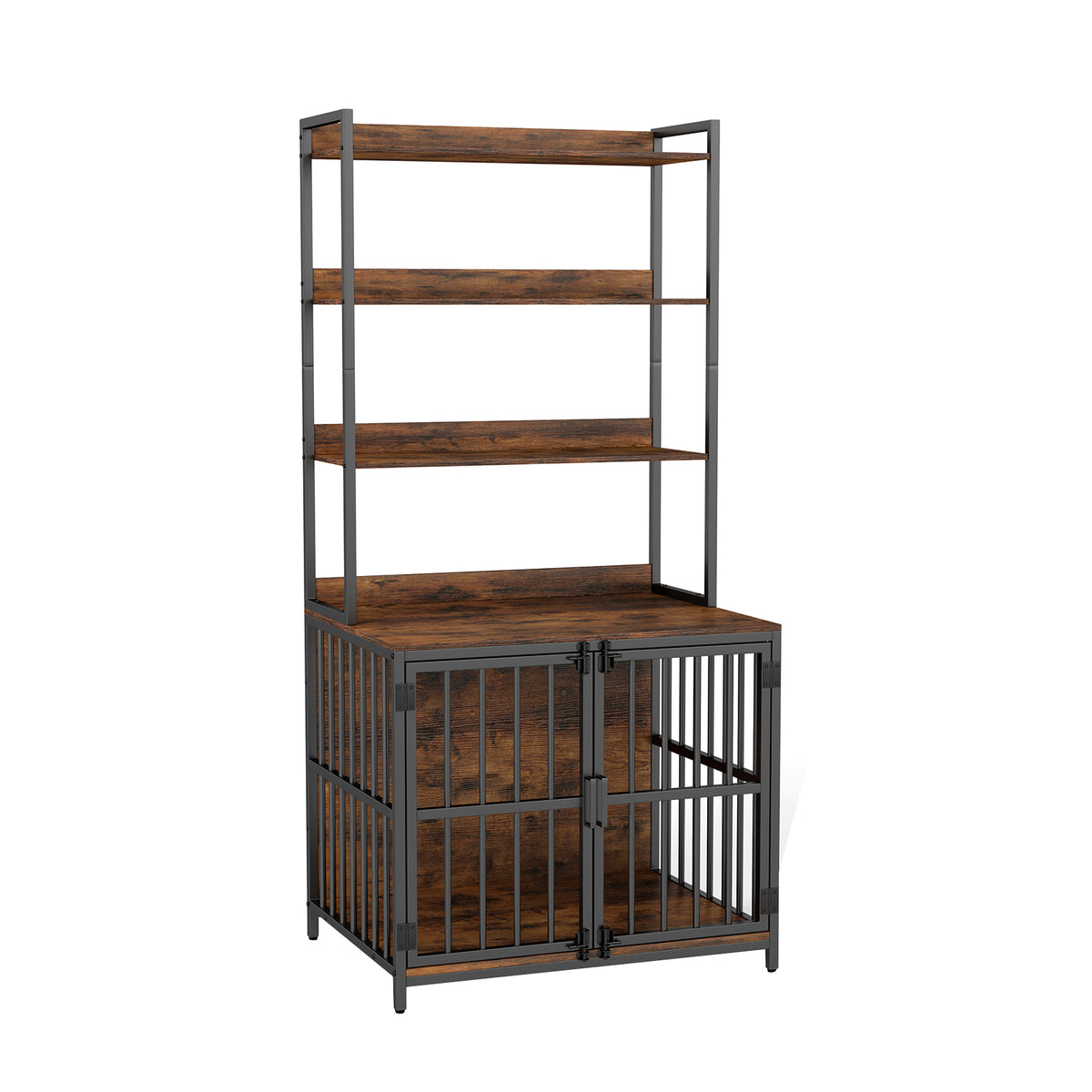 Wooden Dog Crate Furniture with Storage Shelves and Double Doors-Rustic Brown-Dog Kennels-DECOROLALA