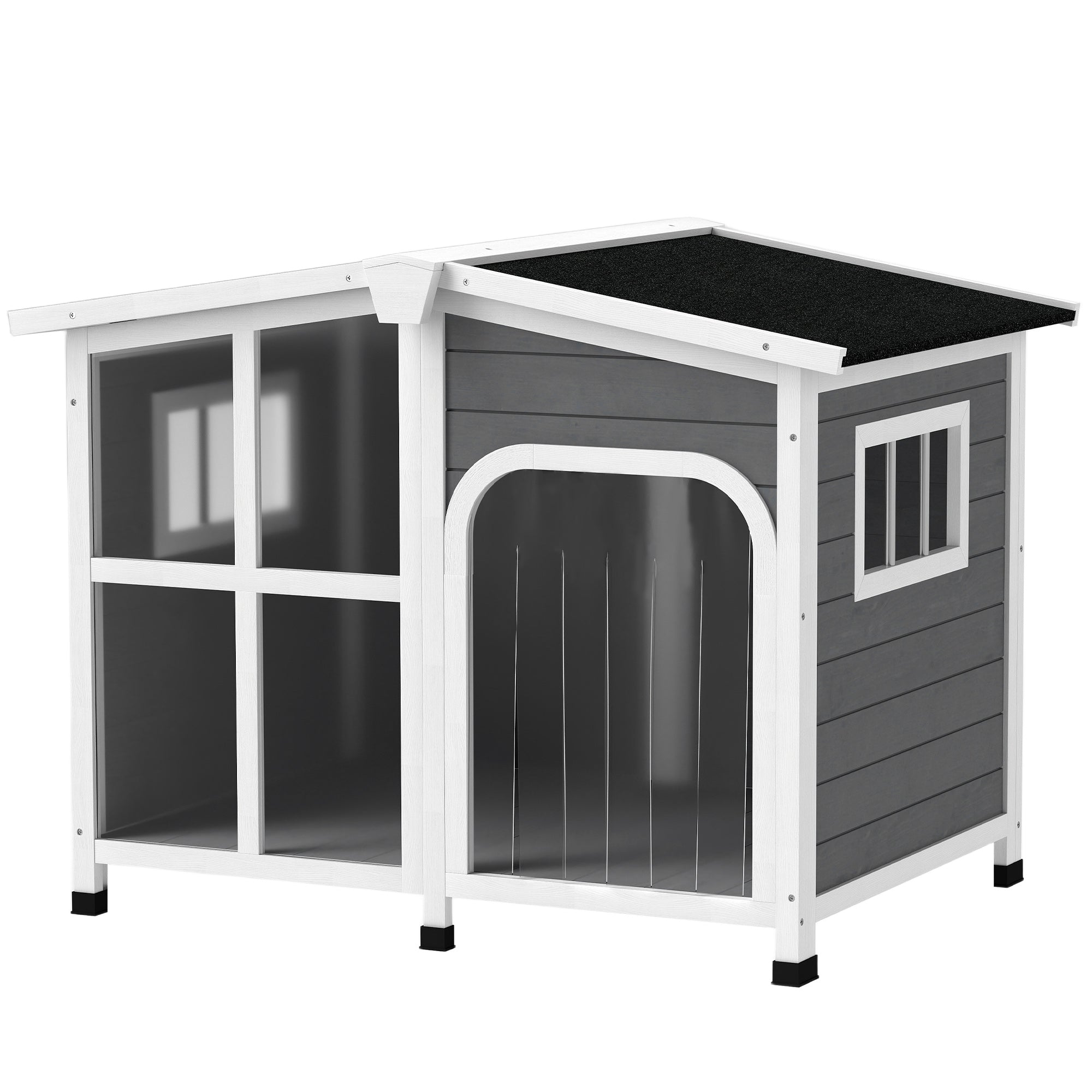 Wooden Dog House, Raised Pet Kennel with Removable Bottom, Openable Asphalt Roof, Door Curtain, Side Windows, Dark Grey-Dogs-DECOROLALA