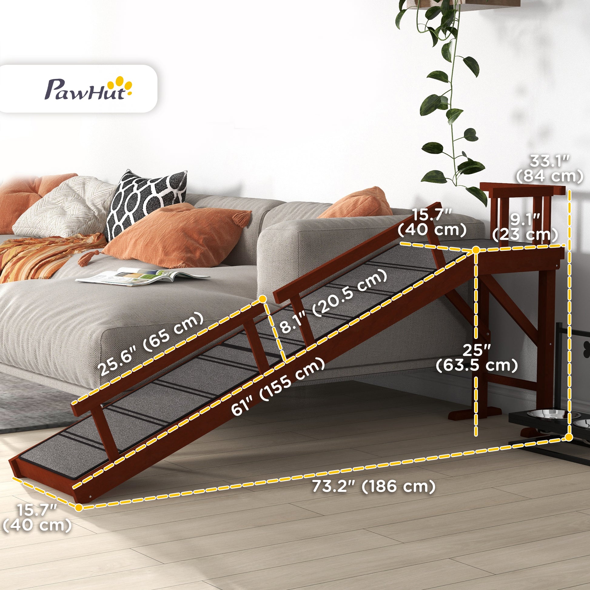 Wooden Dog Ramp - 73" Long with Guardrails, Brown/Grey-DECOROLALA