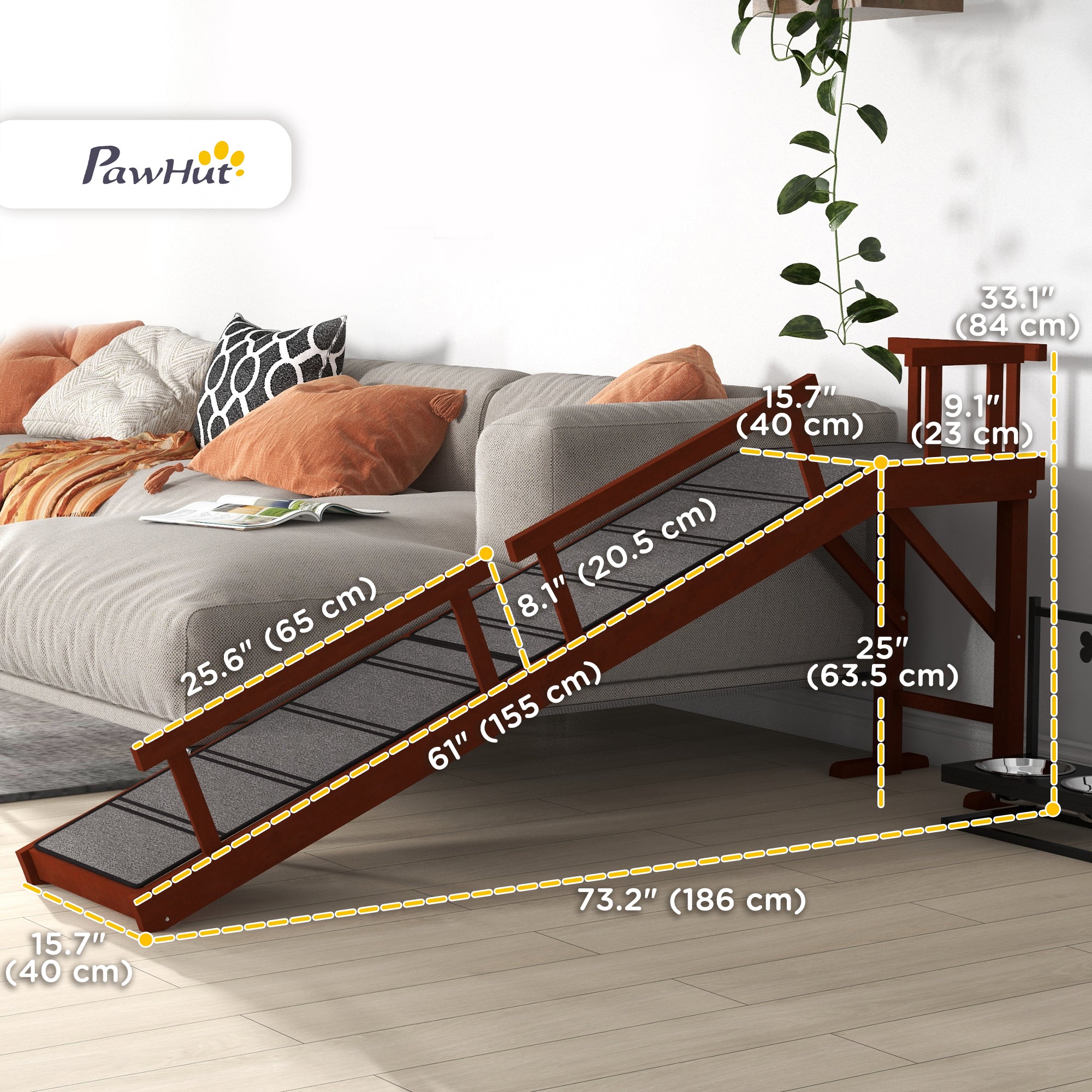 Wooden Dog Ramp - 73" Long with Guardrails, Brown/Grey-DECOROLALA
