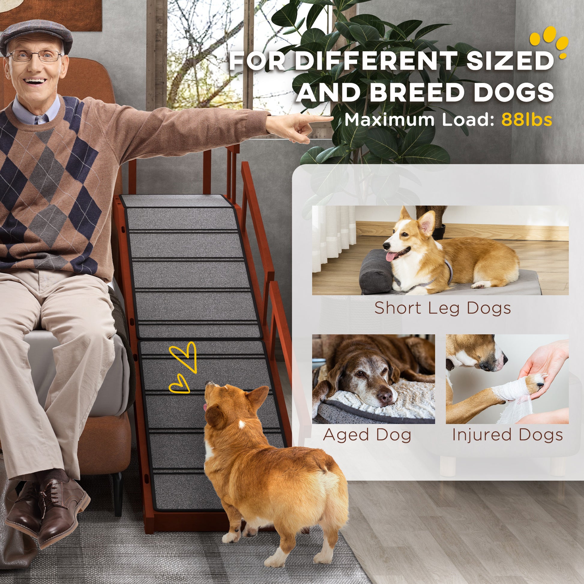 Wooden Dog Ramp - 73" Long with Guardrails, Brown/Grey-DECOROLALA