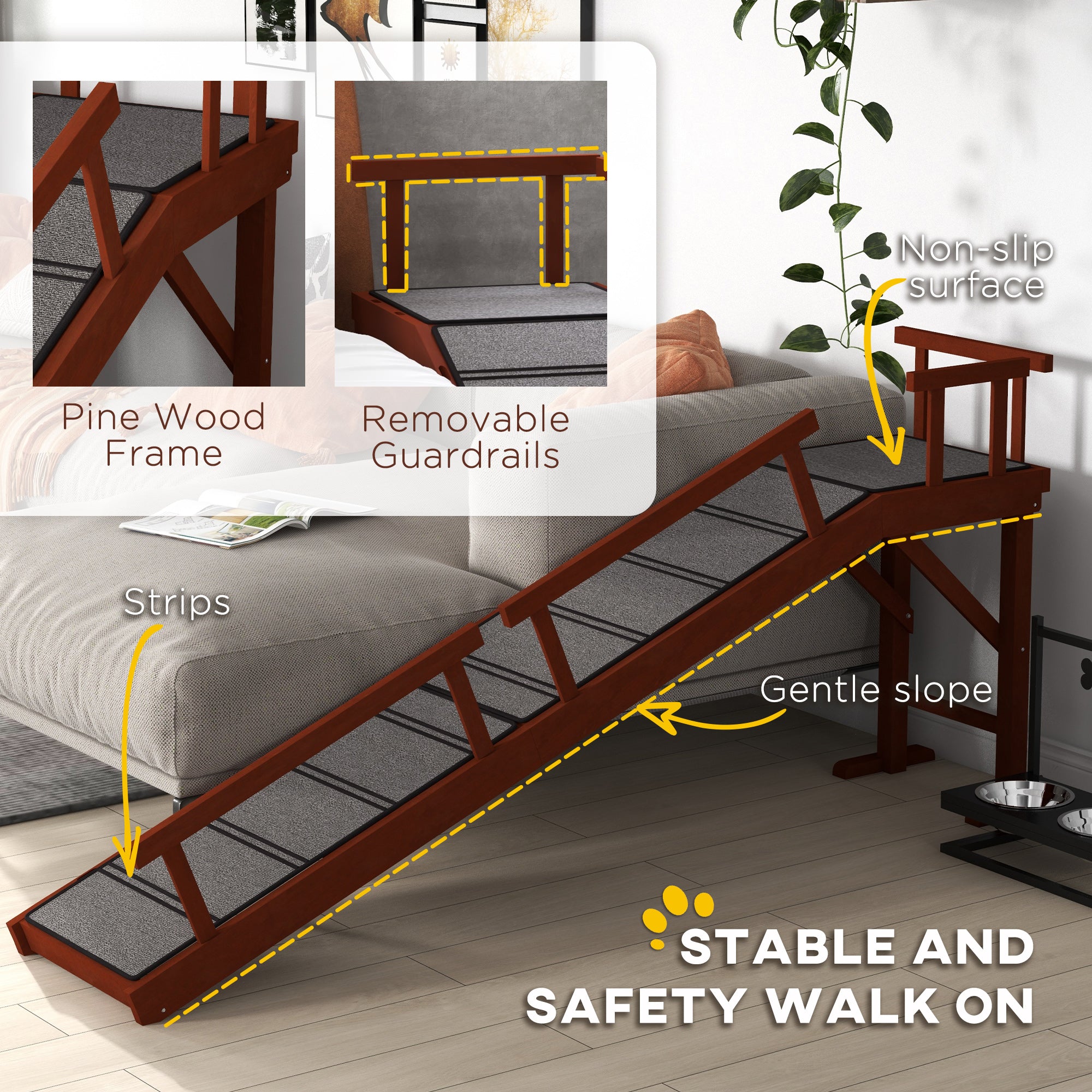 Wooden Dog Ramp - 73" Long with Guardrails, Brown/Grey-DECOROLALA
