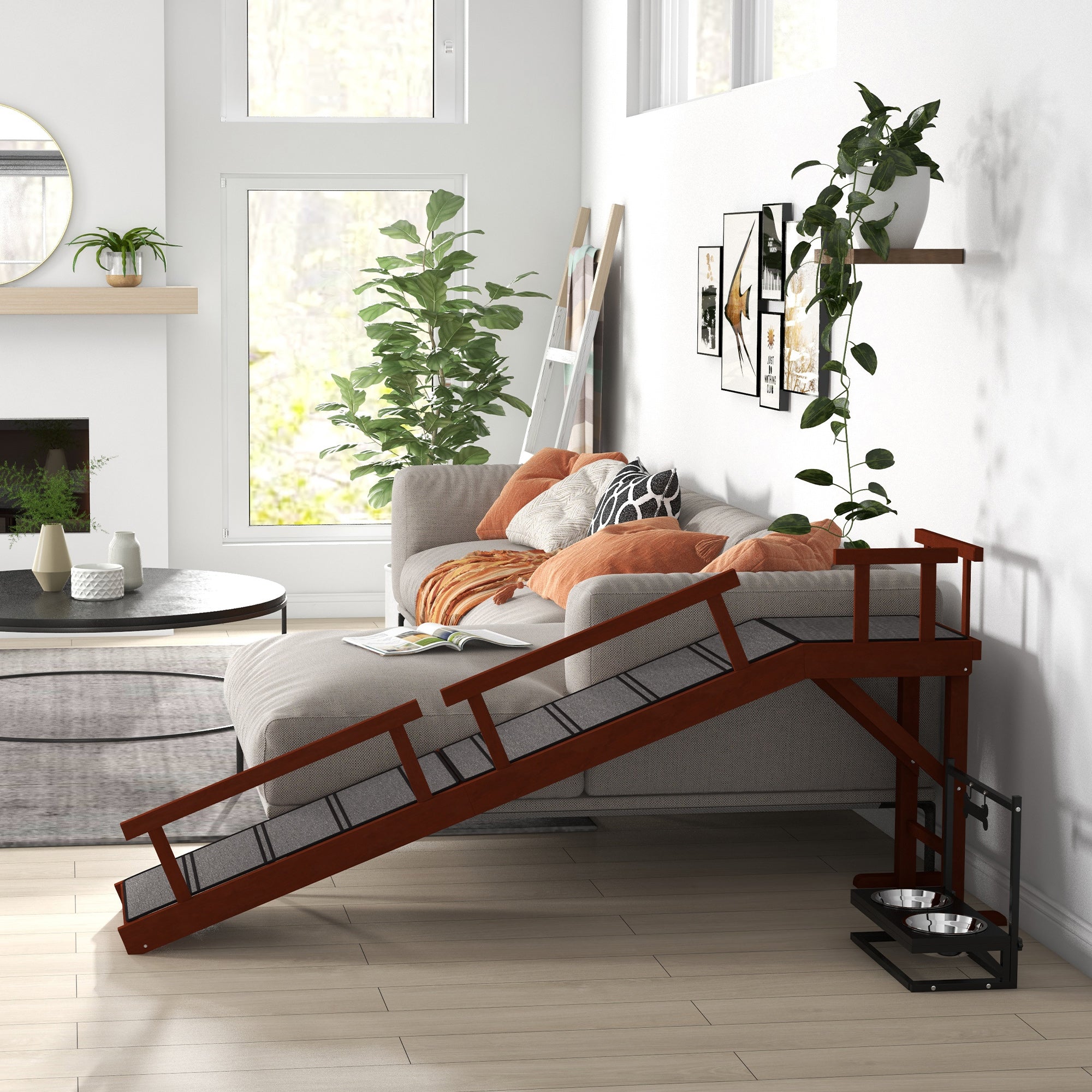 Wooden Dog Ramp - 73" Long with Guardrails, Brown/Grey-DECOROLALA