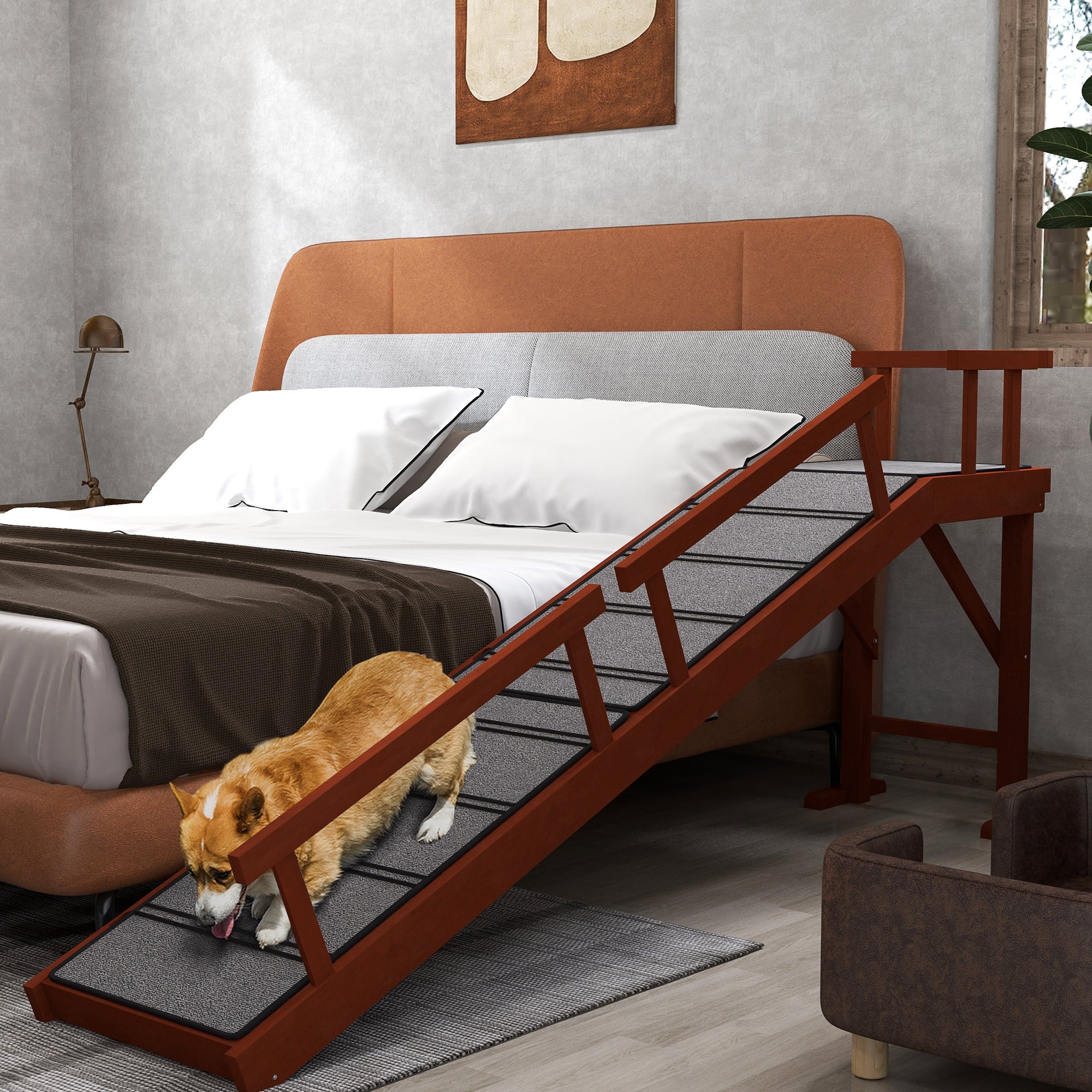 Wooden Dog Ramp - 73" Long with Guardrails, Brown/Grey-DECOROLALA