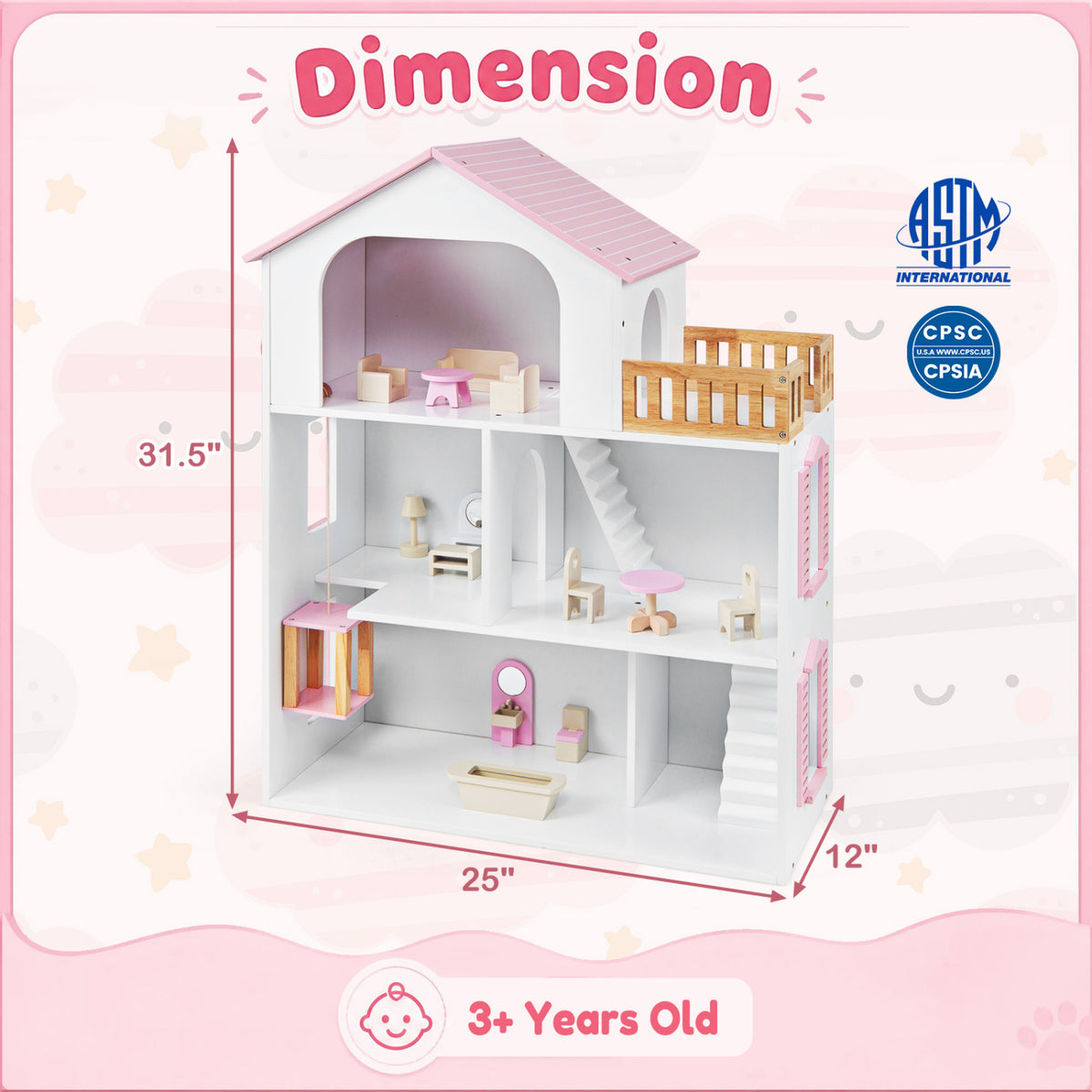 Wooden Dollhouse with 5 Rooms and Furniture Accessories for Kids