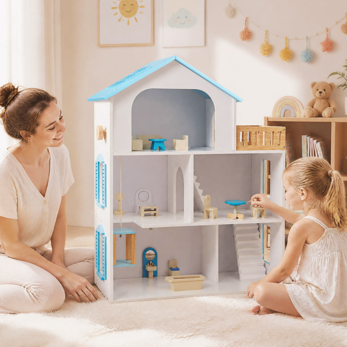 Wooden Dollhouse with 5 Rooms and Furniture Accessories for Kids