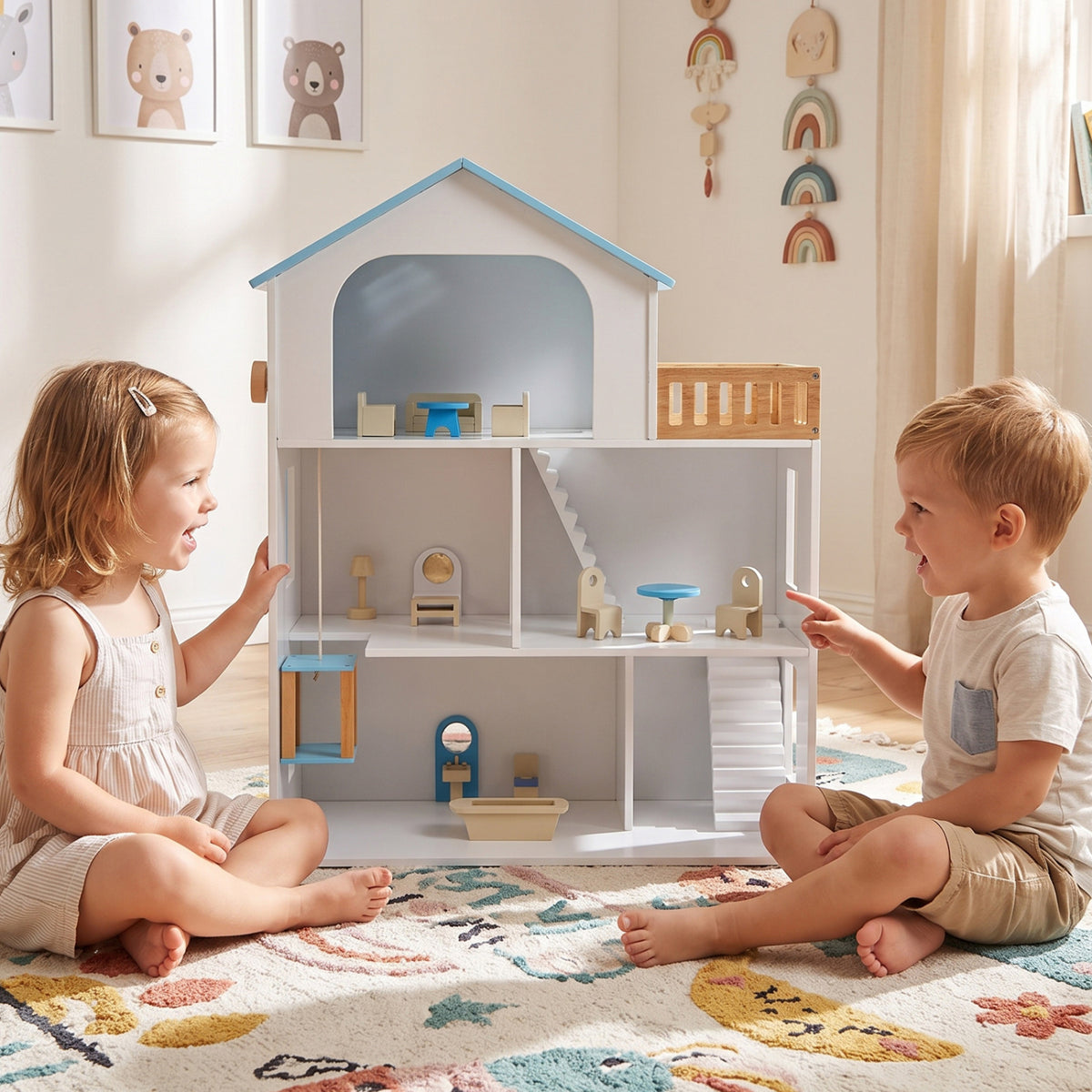 Wooden Dollhouse with 5 Rooms and Furniture Accessories for Kids