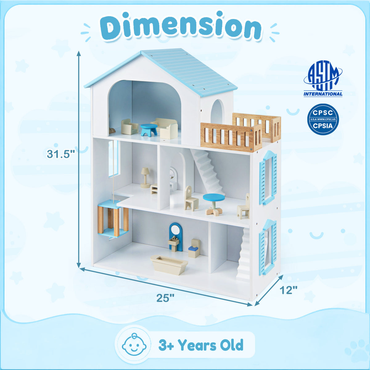 Wooden Dollhouse with 5 Rooms and Furniture Accessories for Kids