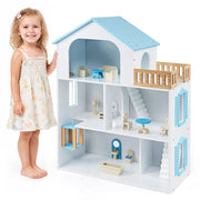 Wooden Dollhouse with 5 Rooms and Furniture Accessories for Kids