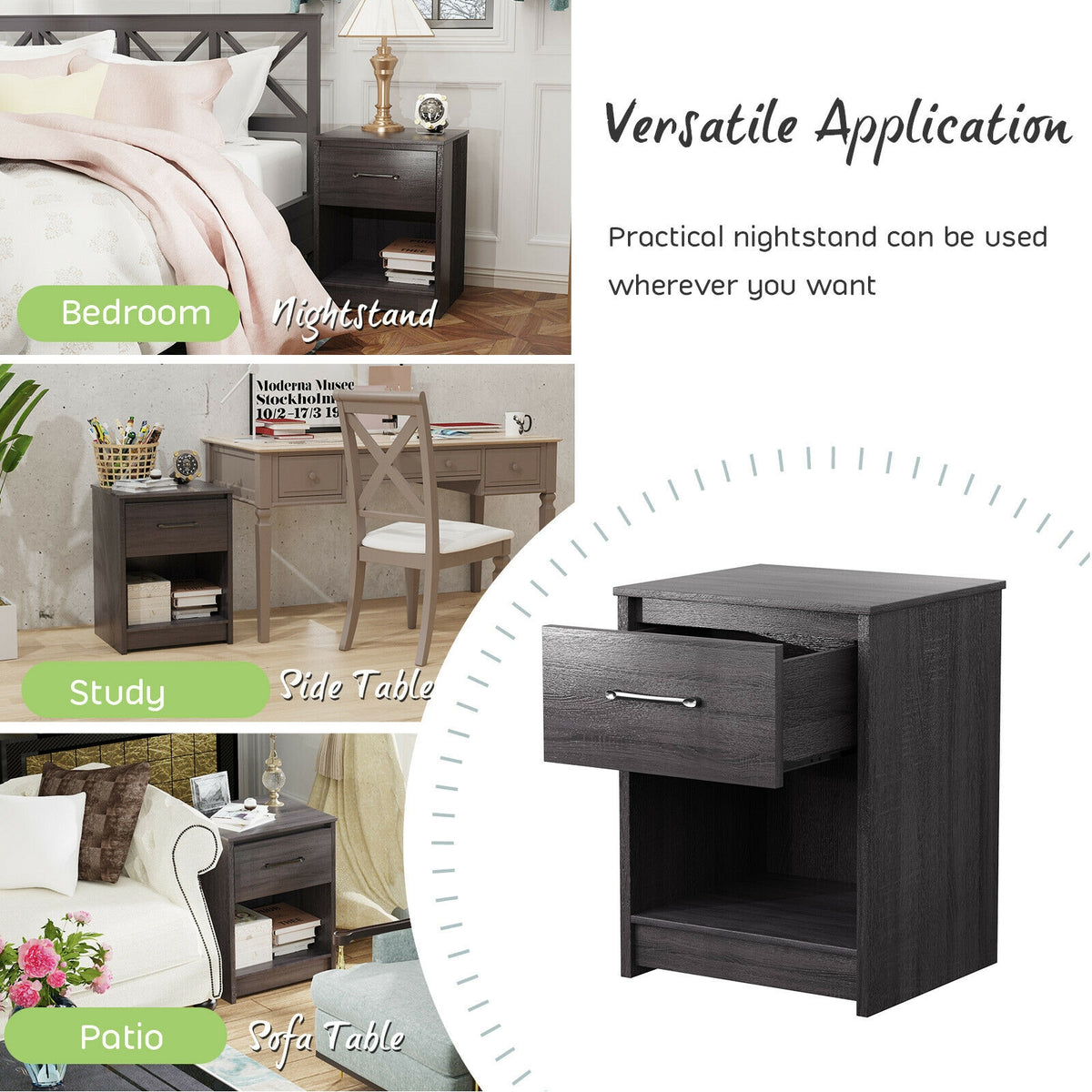Wooden End Side Table Nightstand with Drawer Storage Shelf-Black-Nightstands-DECOROLALA