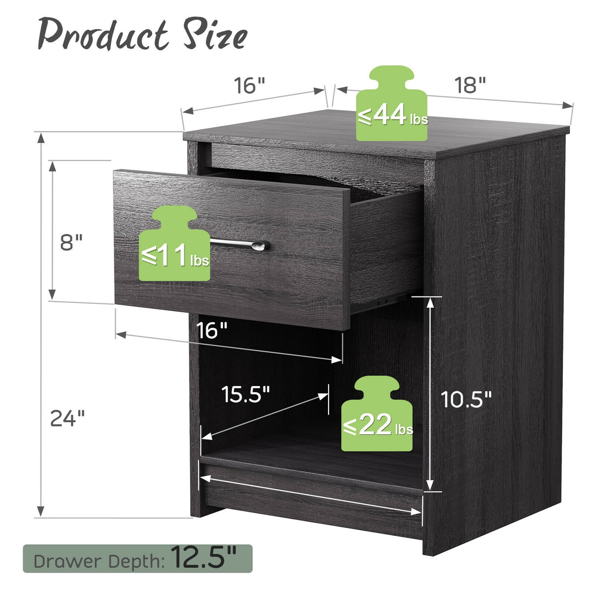 Wooden End Side Table Nightstand with Drawer Storage Shelf-Black-Nightstands-DECOROLALA