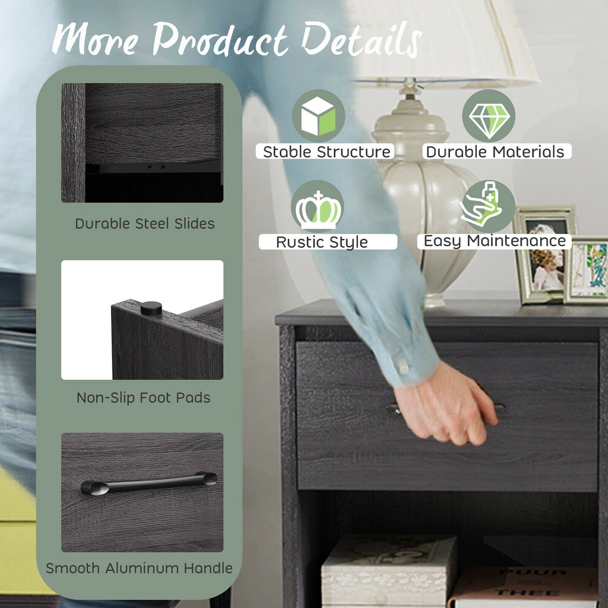 Wooden End Side Table Nightstand with Drawer Storage Shelf-Black-Nightstands-DECOROLALA