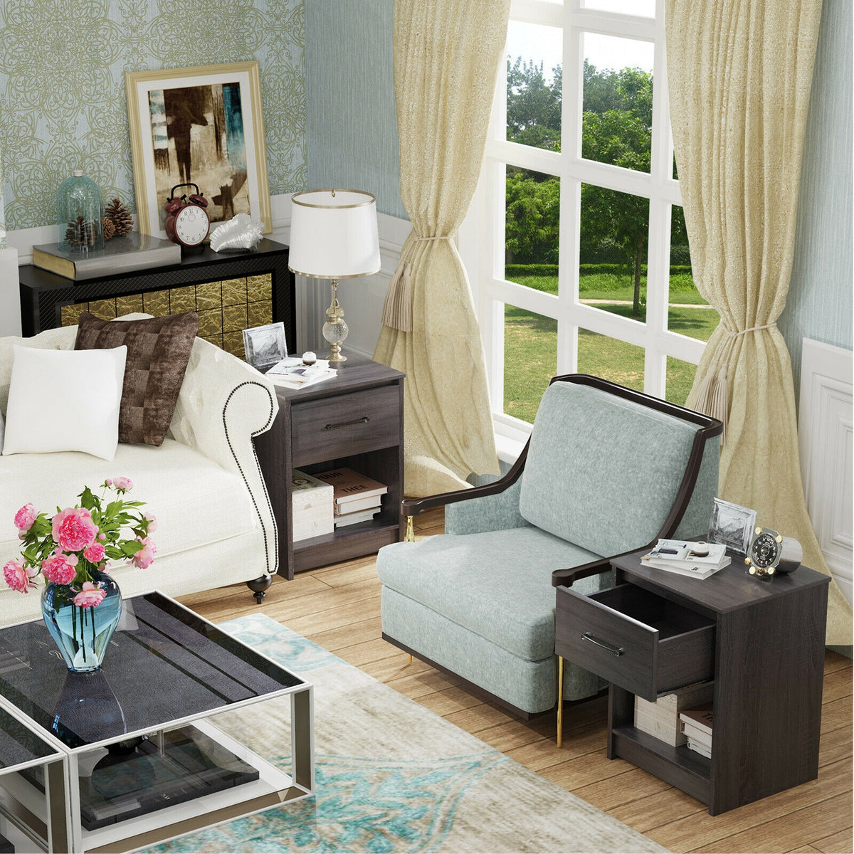 Wooden End Side Table Nightstand with Drawer Storage Shelf-Black-Nightstands-DECOROLALA