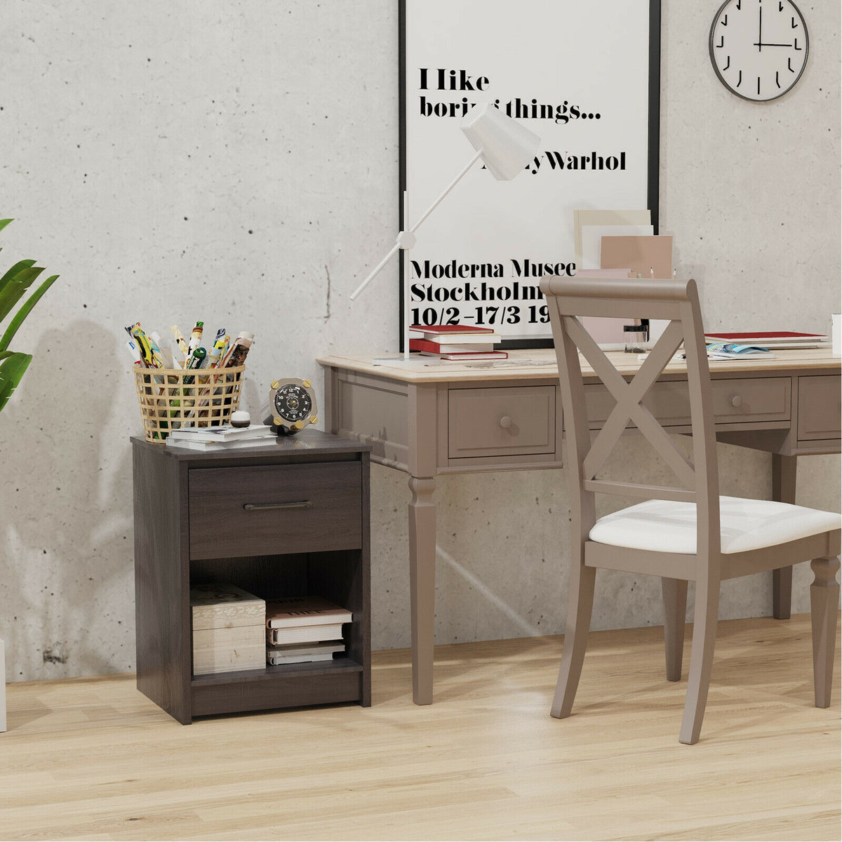 Wooden End Side Table Nightstand with Drawer Storage Shelf-Black-Nightstands-DECOROLALA