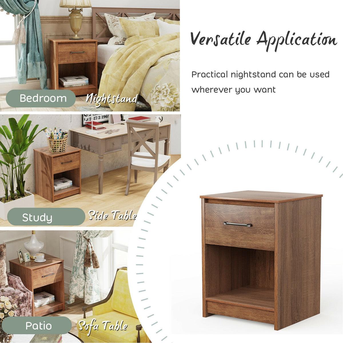 Wooden End Side Table Nightstand with Drawer Storage Shelf-Brown-Nightstands-DECOROLALA
