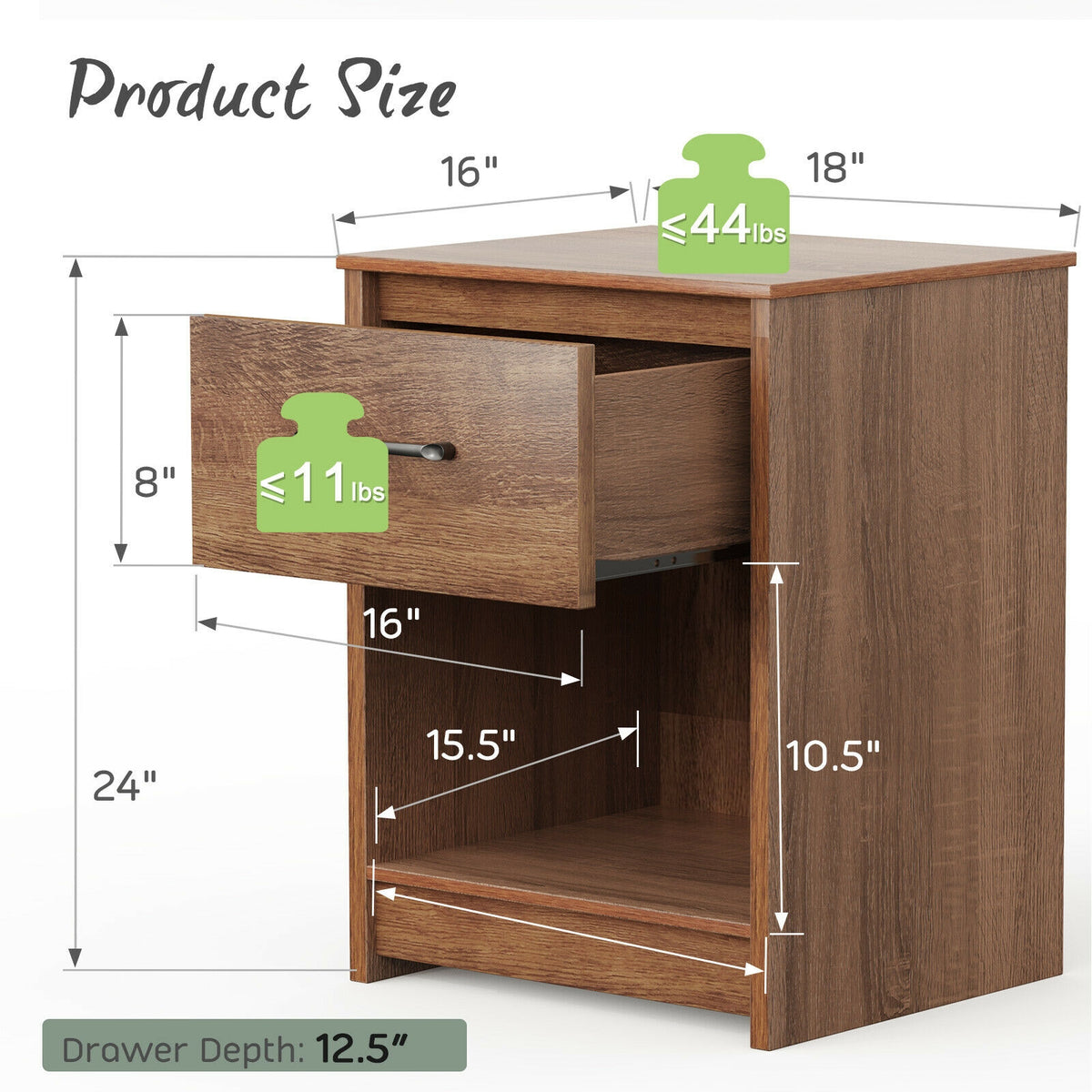 Wooden End Side Table Nightstand with Drawer Storage Shelf-Brown-Nightstands-DECOROLALA