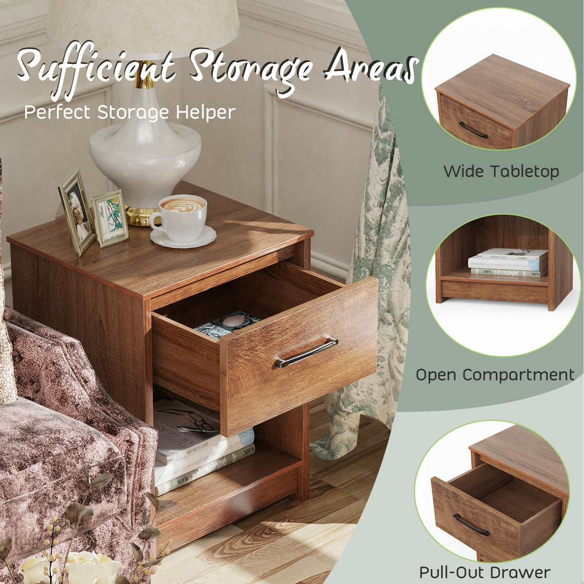 Wooden End Side Table Nightstand with Drawer Storage Shelf-Brown-Nightstands-DECOROLALA
