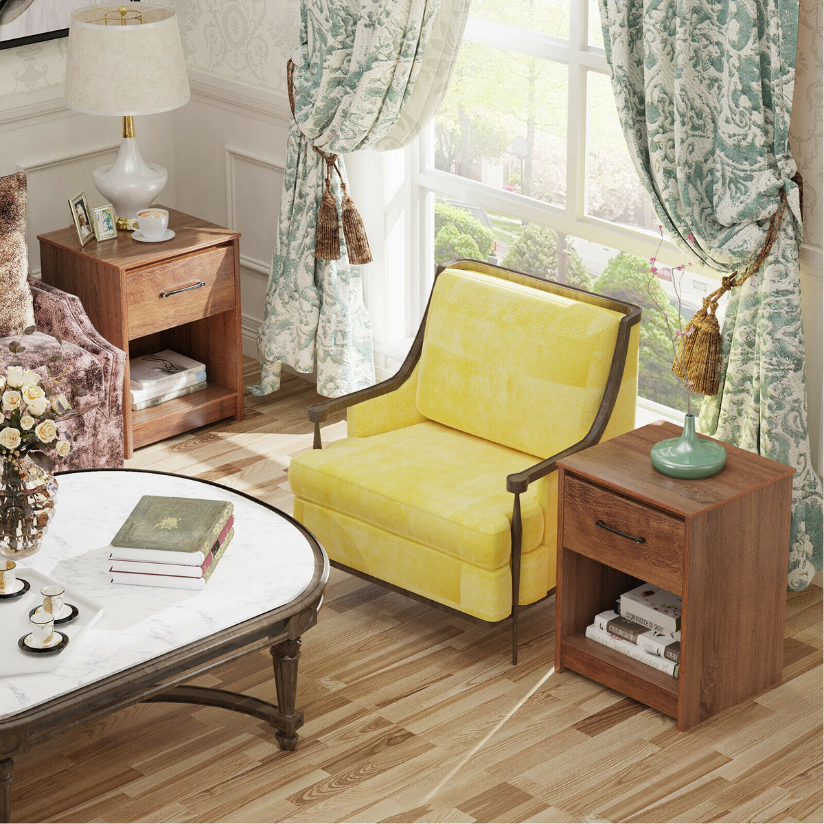 Wooden End Side Table Nightstand with Drawer Storage Shelf-Brown-Nightstands-DECOROLALA