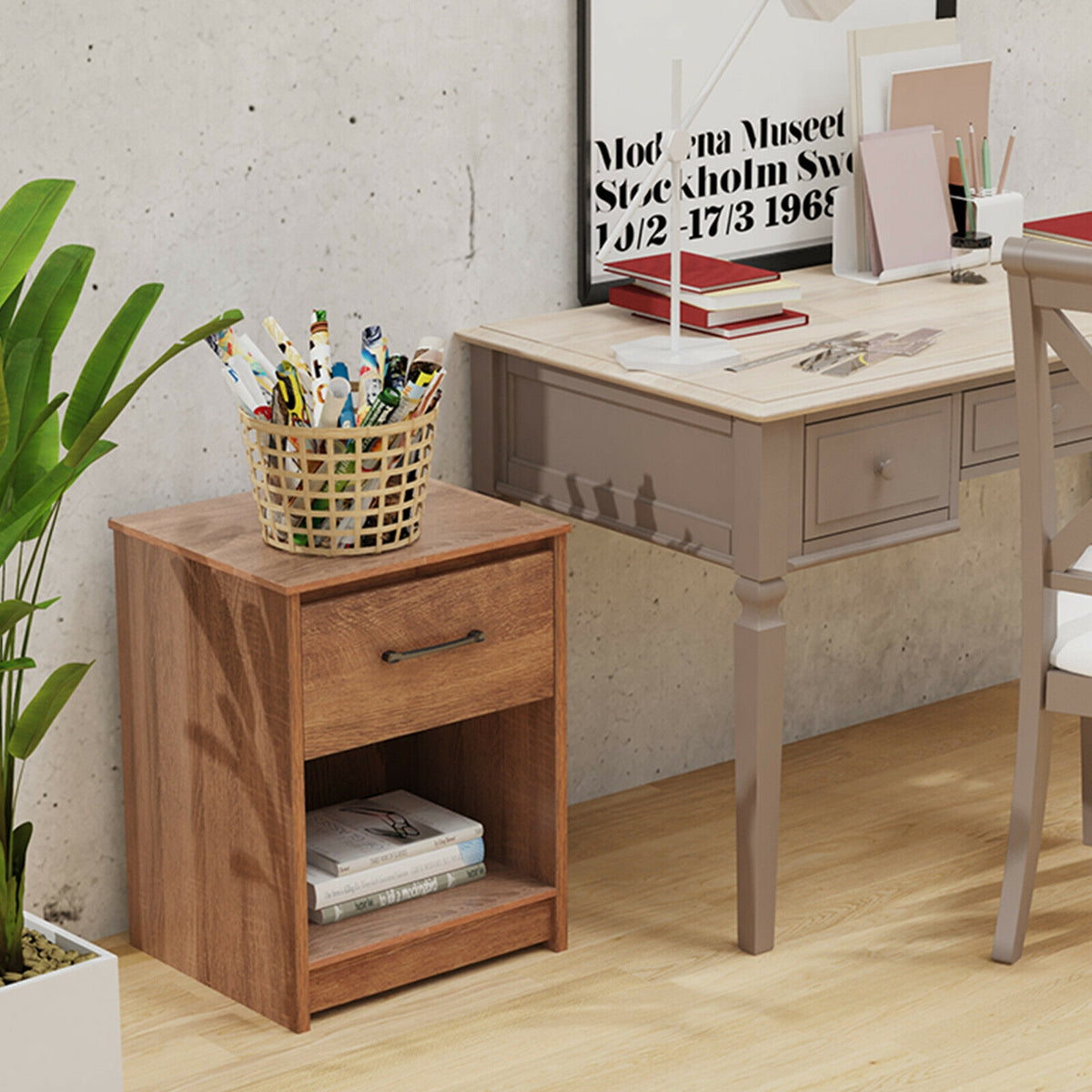Wooden End Side Table Nightstand with Drawer Storage Shelf-Brown-Nightstands-DECOROLALA