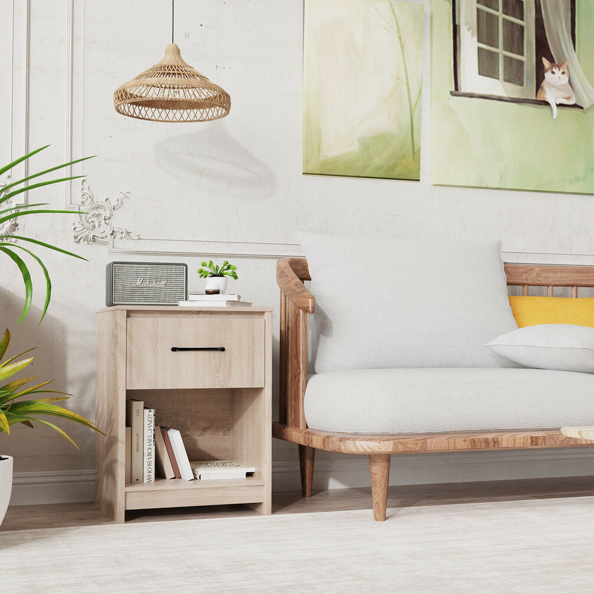 Wooden End Side Table Nightstand with Drawer Storage Shelf-Natural-Nightstands-DECOROLALA