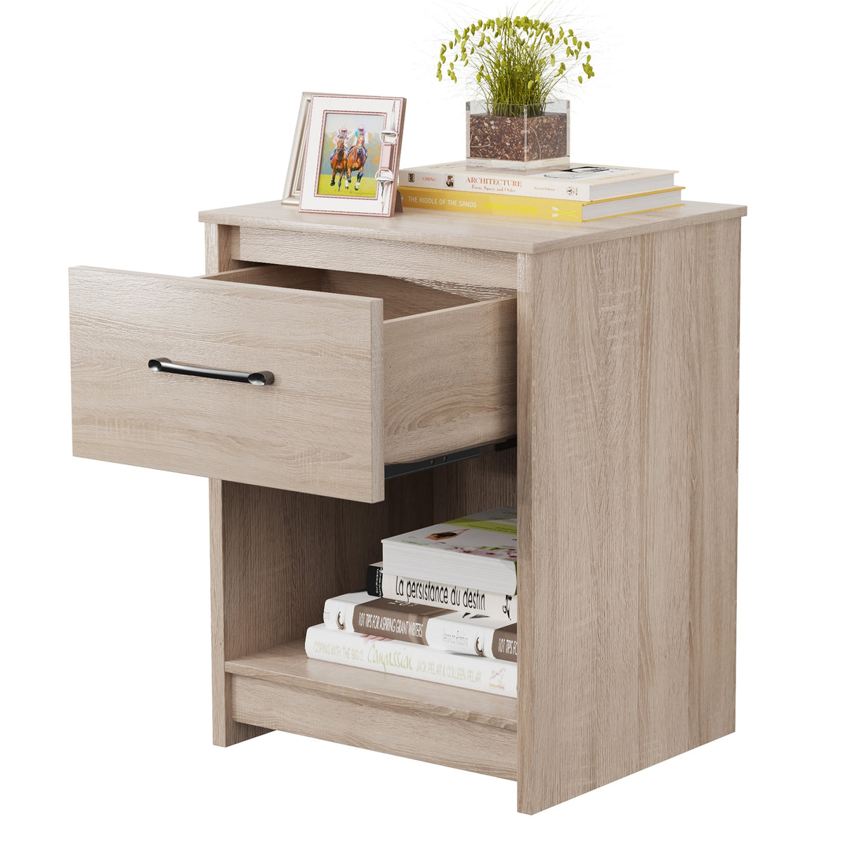 Wooden End Side Table Nightstand with Drawer Storage Shelf-Natural-Nightstands-DECOROLALA