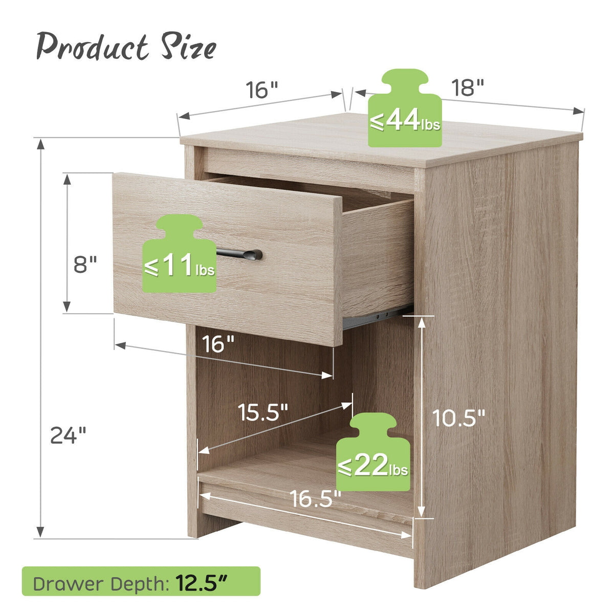 Wooden End Side Table Nightstand with Drawer Storage Shelf-Natural-Nightstands-DECOROLALA